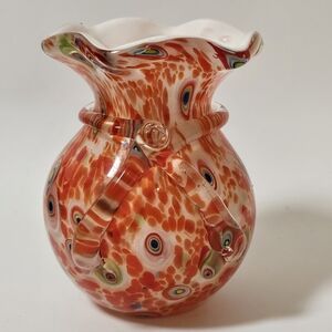 Murano Style Cased Glass Vase Millefiori Ruffled Top Applied Bow Orange White